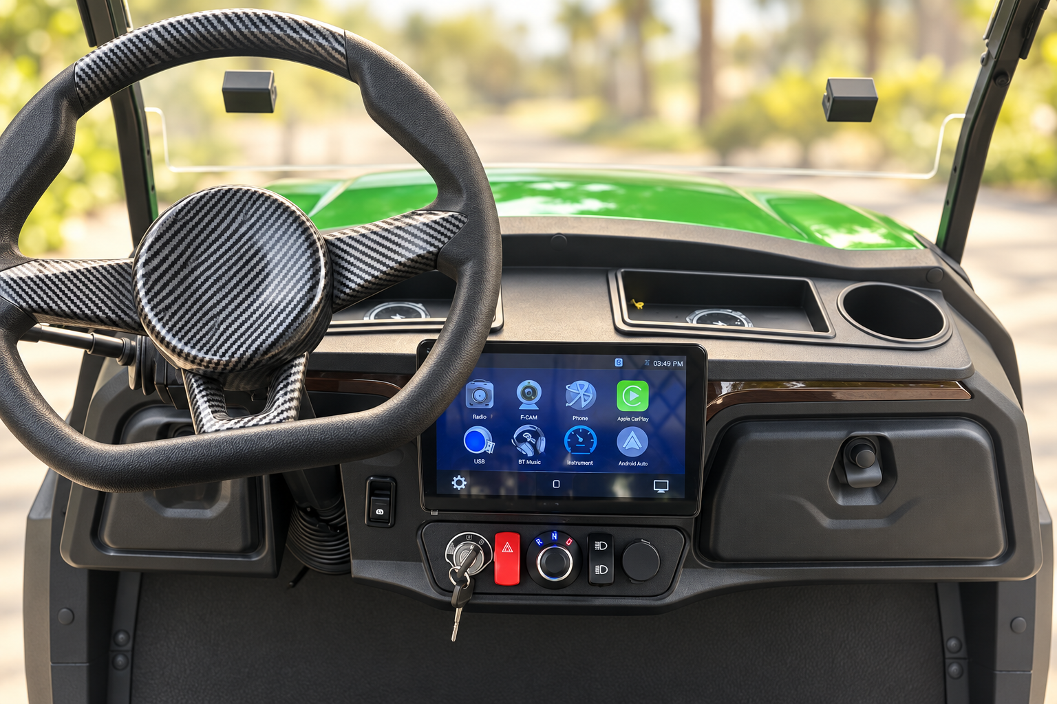 Kelarta steering wheel, touchscreen, and dashboard controls