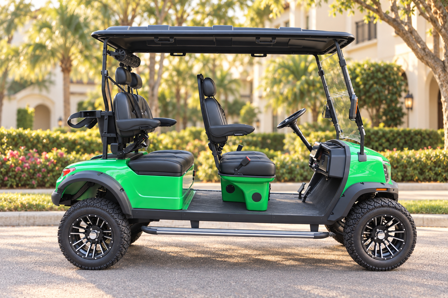 Side profile of a Kelarta electric cart showing its stable stance and long wheelbase