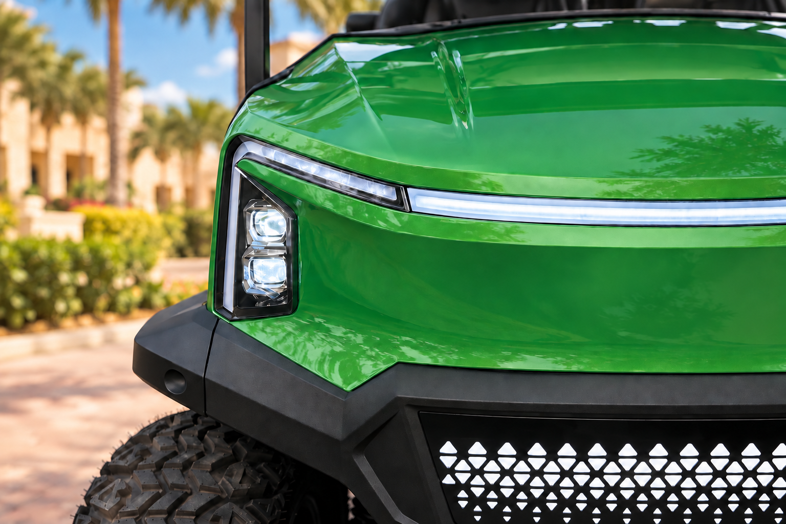 Close view of the Kelarta front light and sculpted green bodywork
