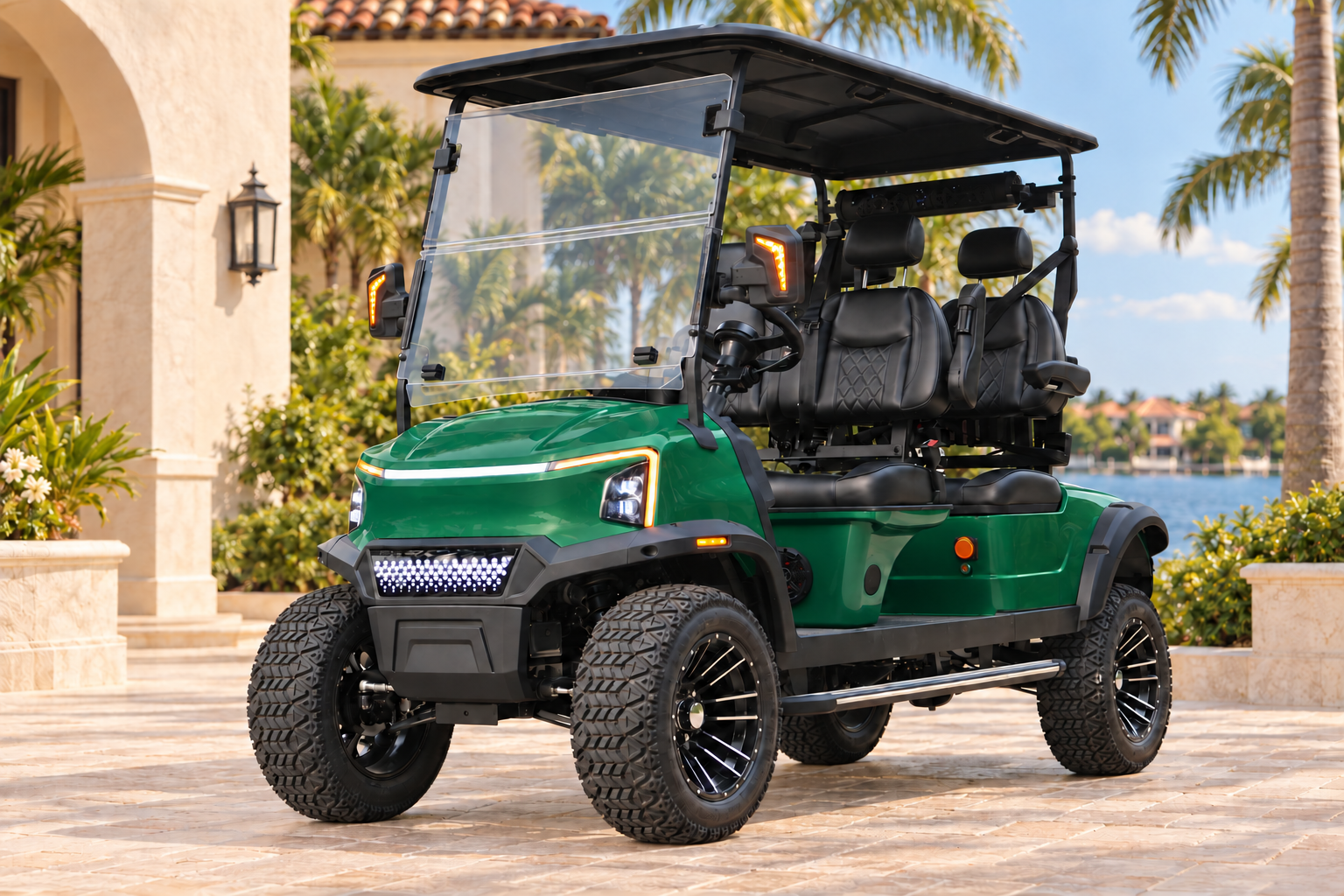 A green Kelarta electric cart in a warm Florida setting